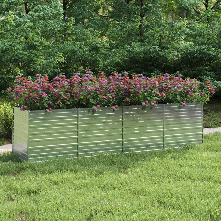 vidaXL Garten Hochbeet Pflanzkasten Pflanzbeet Gemüsebeet Blumenbeet Blumenkasten Frühbeet Gartenbeet Blumenkübel Pflanzkübel 320x80x77cm Verzinkter Stahl Silbern – Bild 3