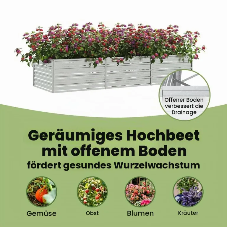 vidaXL Garten Hochbeet Pflanzkasten Pflanzbeet Gemüsebeet Blumenbeet Blumenkasten Frühbeet Gartenbeet Blumenkübel Pflanzkübel 240x80x45cm Verzinkter Stahl Silbern – Bild 6
