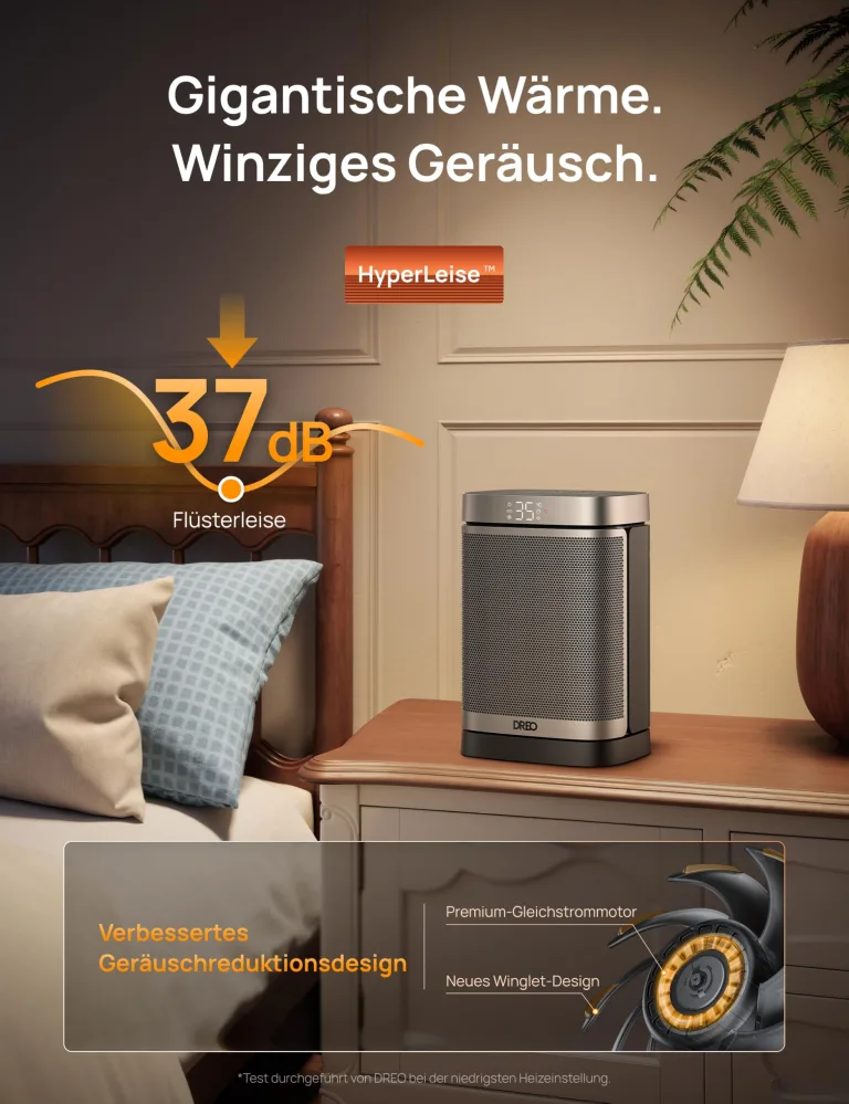 Dreo Heizlüfter Energiesparend Klein, 1500W Heizung Elektrisch mit Thermostat, 70° Oszillierend Elektroheizung, PTC Keramik Heizlüfter Leise, ECO-Modus, 12-Std-Timer, Überhitzungs- & Kippschutz – Bild 5