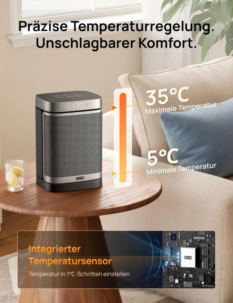 Dreo Heizlüfter Energiesparend Klein, 1500W Heizung Elektrisch mit Thermostat, 70° Oszillierend Elektroheizung, PTC Keramik Heizlüfter Leise, ECO-Modus, 12-Std-Timer, Überhitzungs- & Kippschutz – Bild 7
