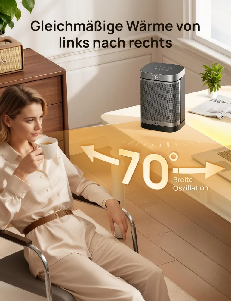 Dreo Heizlüfter Energiesparend Klein, 1500W Heizung Elektrisch mit Thermostat, 70° Oszillierend Elektroheizung, PTC Keramik Heizlüfter Leise, ECO-Modus, 12-Std-Timer, Überhitzungs- & Kippschutz – Bild 8