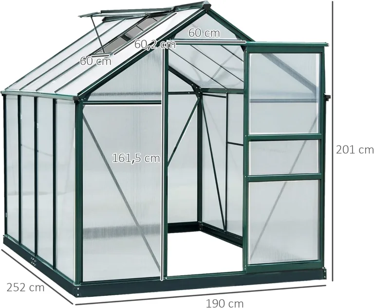 Outsunny Gewächshaus Aluminium Treibhaus mit Dachfenster Tür 190 x 252 x 201 cm Pflanzenhaus mit Fundament begehbares Tomatenhaus Witterungsbeständig Polycarbonat Grün+Transparent – Bild 7