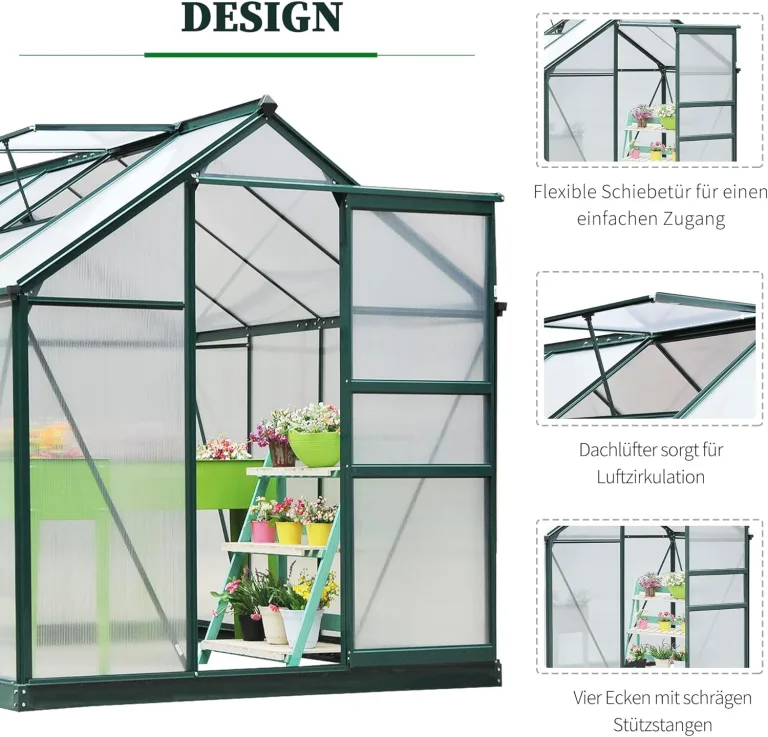 Outsunny Gewächshaus Aluminium Treibhaus mit Dachfenster Tür 190 x 252 x 201 cm Pflanzenhaus mit Fundament begehbares Tomatenhaus Witterungsbeständig Polycarbonat Grün+Transparent – Bild 3