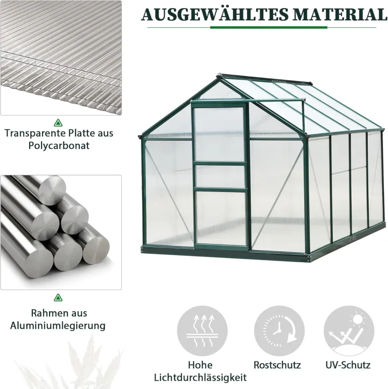 Outsunny Gewächshaus Aluminium Treibhaus mit Dachfenster Tür 190 x 252 x 201 cm Pflanzenhaus mit Fundament begehbares Tomatenhaus Witterungsbeständig Polycarbonat Grün+Transparent – Bild 4