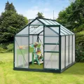 Outsunny Gewächshaus Aluminium Treibhaus mit Dachfenster Tür 190 x 252 x 201 cm Pflanzenhaus mit Fundament begehbares Tomatenhaus Witterungsbeständig Polycarbonat Grün+Transparent - Thumbnail 2