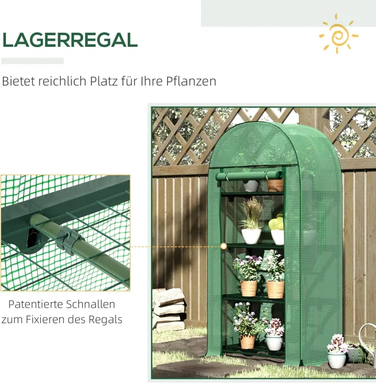 Outsunny Foliengewächshaus Balkon mit 4 Ablagen Mini Gewächshaus Treibhaus Tomatenhaus Pflanzenhaus Frühbeet Metall Grün 80 x 49 x 160 cm – Bild 5