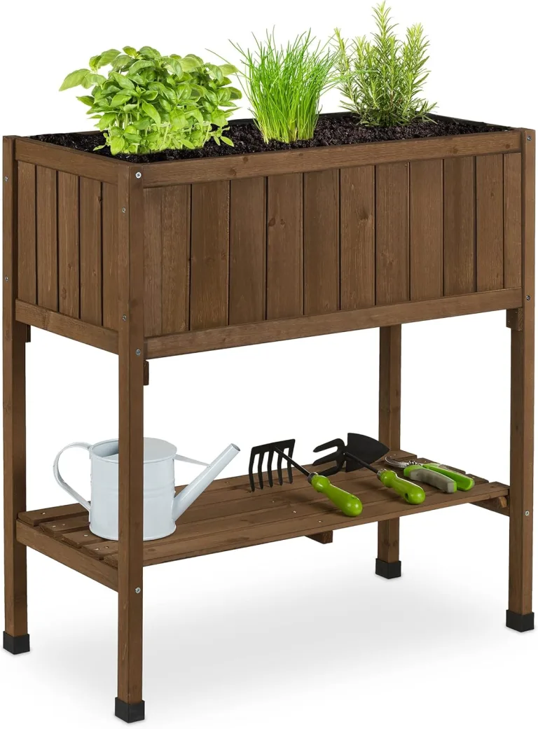 Relaxdays Hochbeet, Folie, Ablage, HxBxT: 80 x 74 x 38 cm, Garten, Balkon & Terrasse, Pflanztisch, Tannenholz, schwarz – Bild 11