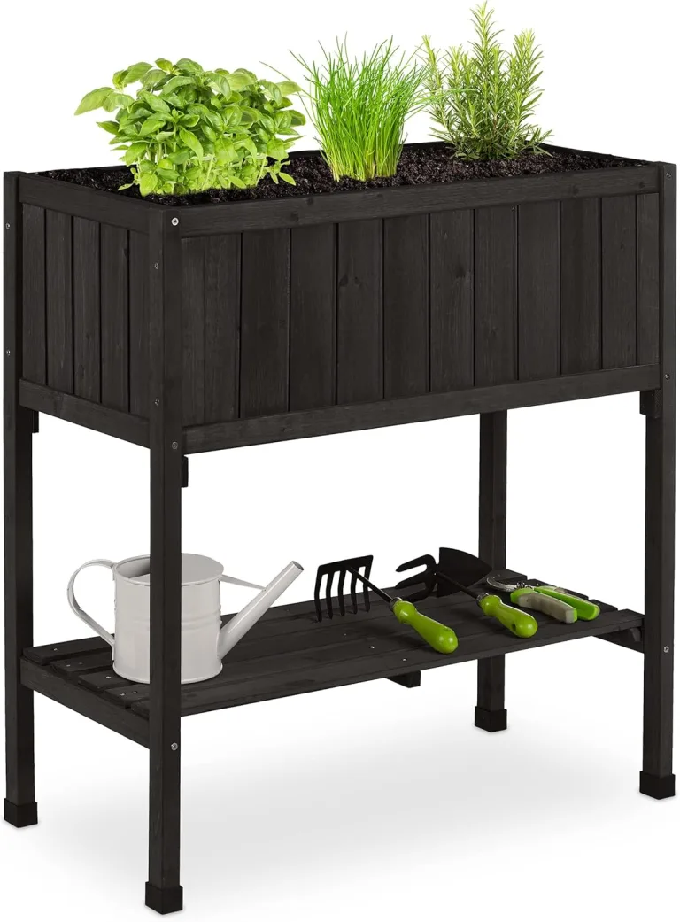 Relaxdays Hochbeet, Folie, Ablage, HxBxT: 80 x 74 x 38 cm, Garten, Balkon & Terrasse, Pflanztisch, Tannenholz, schwarz – Bild 1