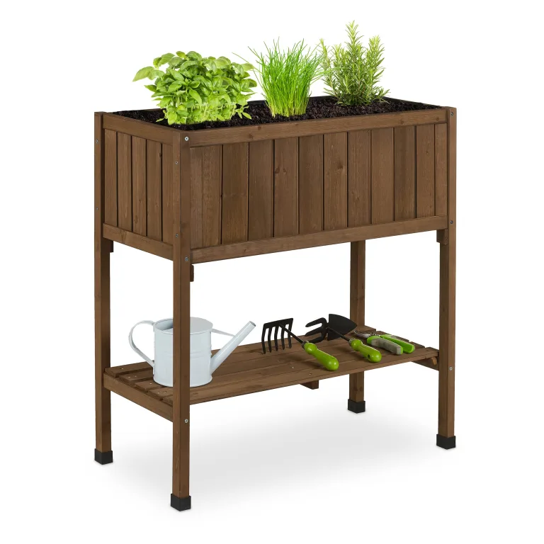 Relaxdays Hochbeet, Folie, Ablage, HxBxT: 80 x 74 x 38 cm, Garten, Balkon & Terrasse, Pflanztisch, Tannenholz, weiß – Bild 10