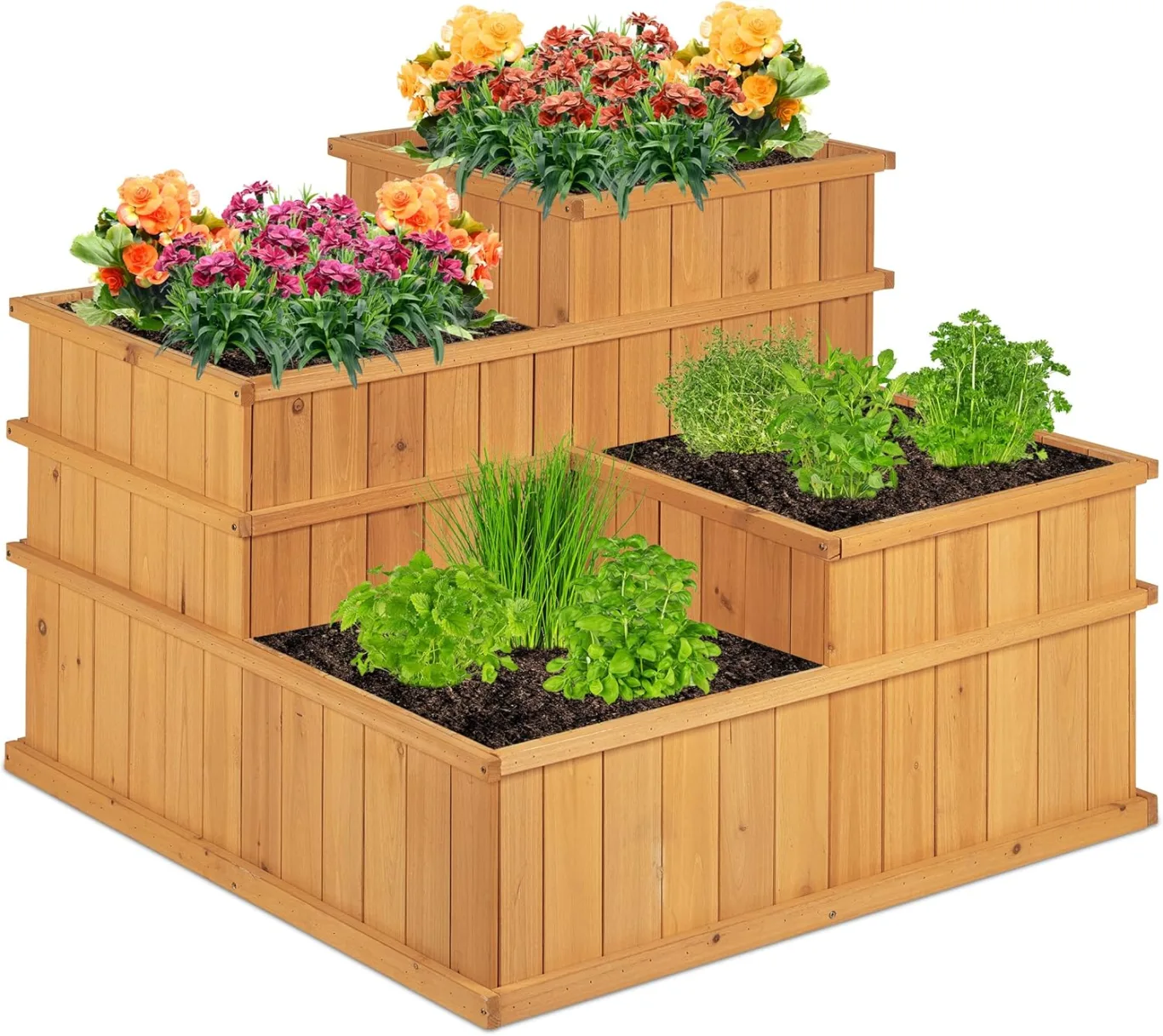 Relaxdays Hochbeet, gestuft, 4 Pflanzkästen, Garten, Balkon, Terrasse; Pflanzbeet aus Holz, HxBxT: 61x81x81 cm, Natur - Bild 1