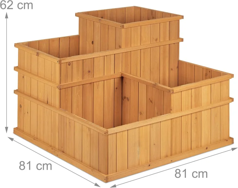 Relaxdays Hochbeet, gestuft, 4 Pflanzkästen, Garten, Balkon, Terrasse; Pflanzbeet aus Holz, HxBxT: 61x81x81 cm, Natur – Bild 5