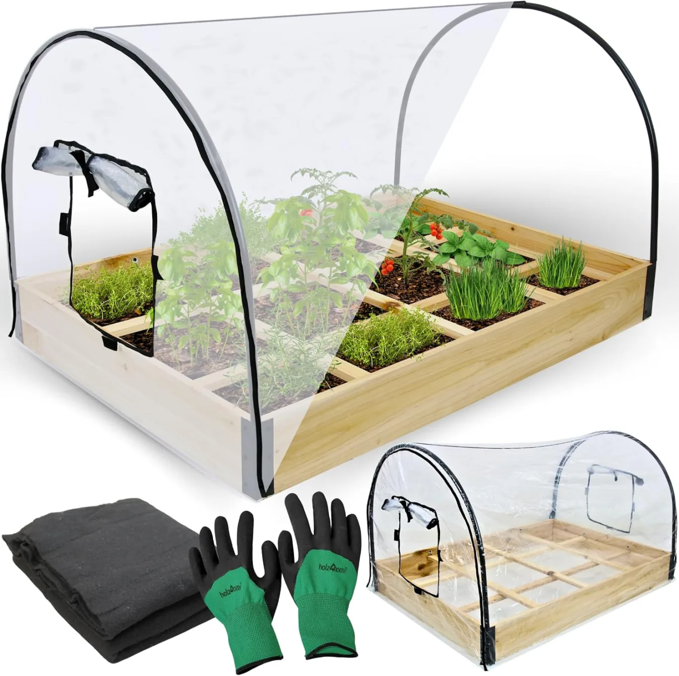 holz4home® Gemüsebeet aus Tannenholz I 115x80x68 cm I Treibhaus mit Abnehmbarer Folie I inkl. Gartenhandschuhe & Einlegevlies I Frühbeet Anzuchtbeet Gartenbeet Blumenbeet Hochbeet - Bild 1