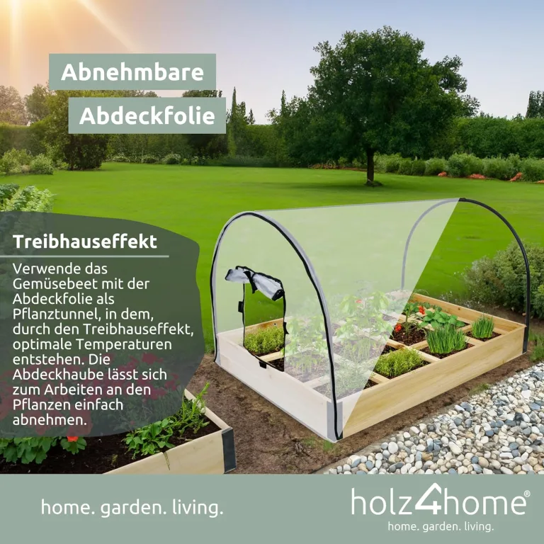 holz4home® Gemüsebeet aus Tannenholz I 115x80x68 cm I Treibhaus mit Abnehmbarer Folie I inkl. Gartenhandschuhe & Einlegevlies I Frühbeet Anzuchtbeet Gartenbeet Blumenbeet Hochbeet – Bild 2