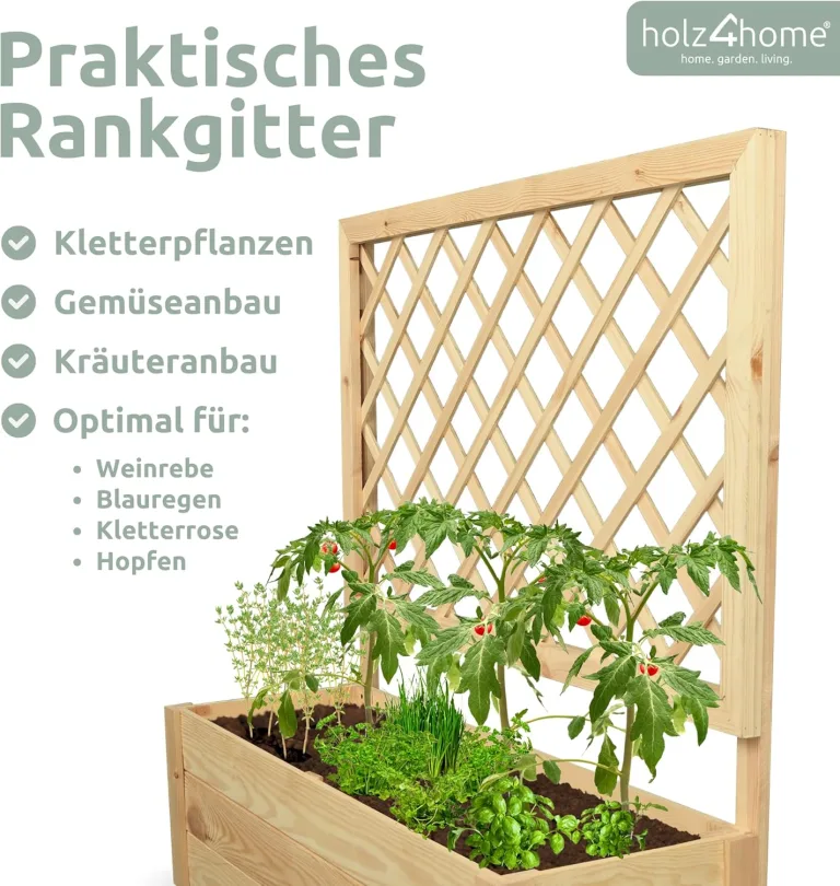 holz4home® Pflanzkasten mit Rankgitter M aus Kiefernholz I 34x98x104 cm I inkl. Gartenhandschuhe & Vlies I Pflanzkübel mit Spalier I Hochbeet für Balkon als Sichtschutz I Blumenkasten – Bild 3