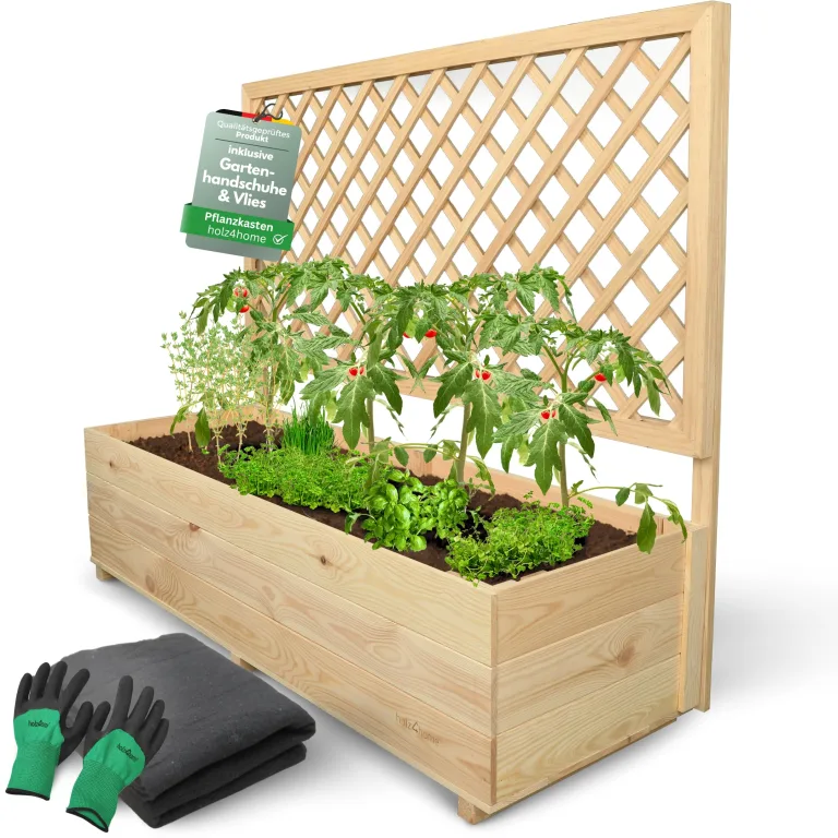 holz4home® Pflanzkasten mit Rankgitter XL aus Kiefernholz I 44x128x104 cm I inkl. Gartenhandschuhe & Vlies I Pflanzkübel mit Spalier I Hochbeet für Balkon als Sichtschutz I Blumenkasten