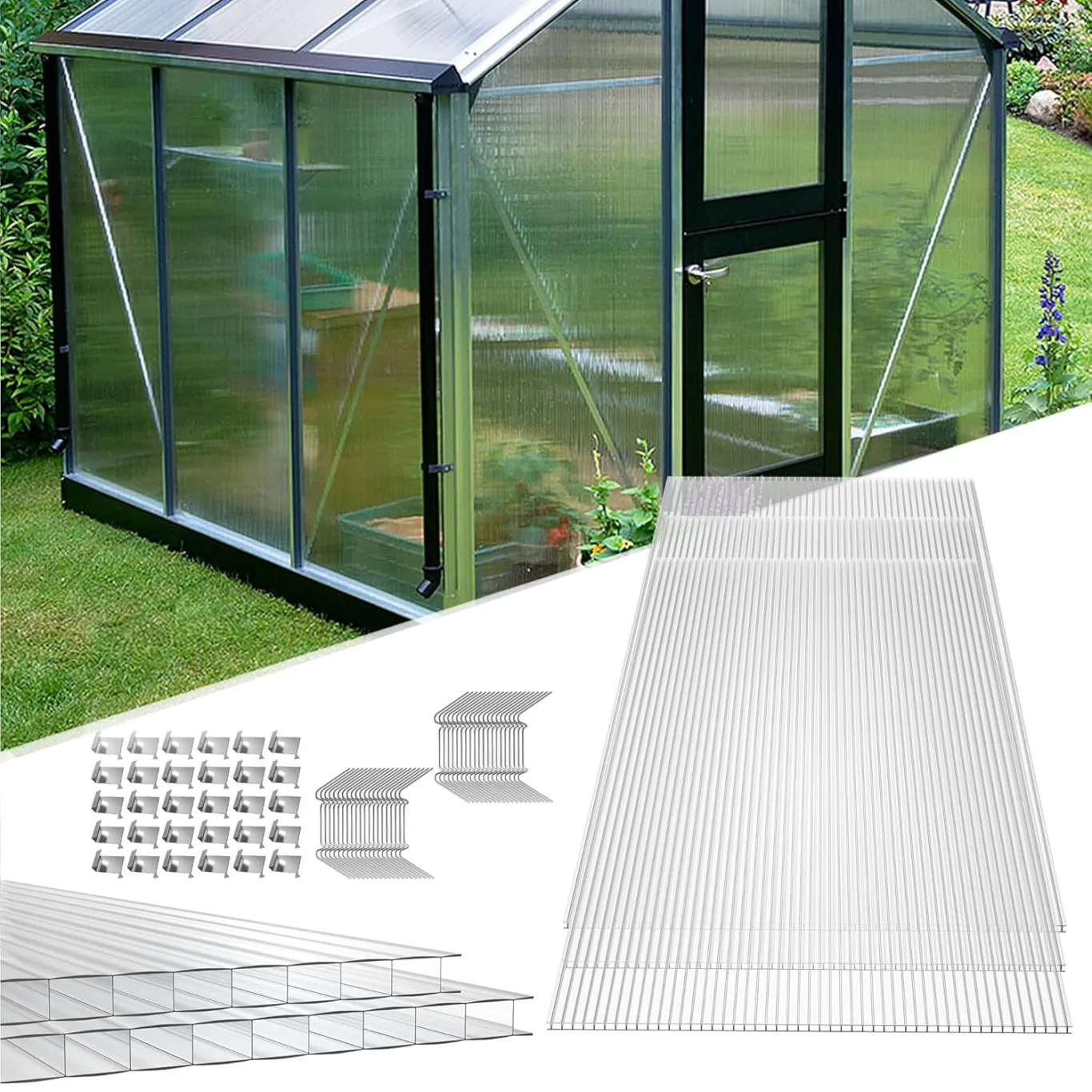 HENGMEI 14x Polycarbonat Platte Doppelstegplatten Transparent 4 mm PC Hohlkammerstegplatten Witterungsbeständig und UV-beständigen für Gewächshaus, Garten Treibhaus, 10,25 m² - Bild 1