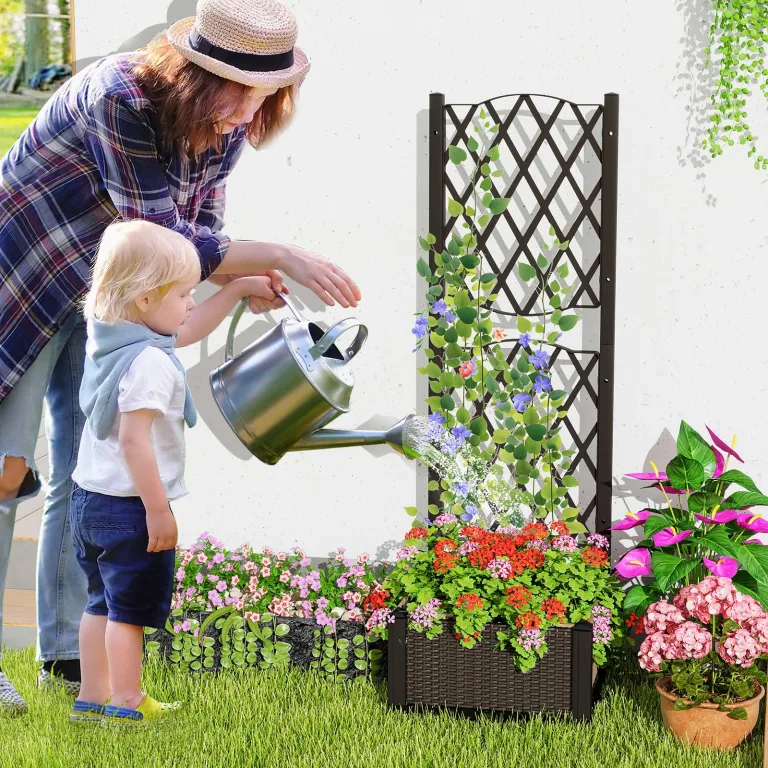 GOPLUS Blumenkasten mit Rankgitter, Hochbeet mit Spalier für Kletterpflanzen & Topfpflanzen, Tiefes Pflanzbeet mit Drainagelöchern für Balkon, Hinterhof & Garten (Braun, 40 x 40 x 122 cm) – Bild 9
