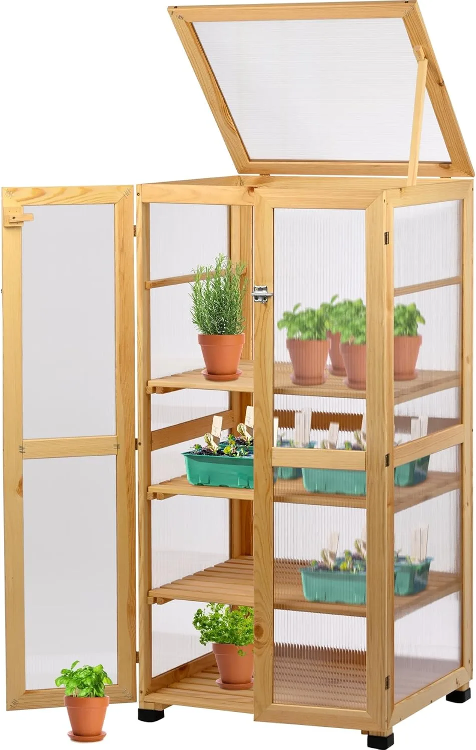 dobar® Großer Anzuchtschrank Dome aus Holz - Gewächshaus mit 4 Ablagen für Innen- und Außenbereich - Treibhaus mit Deckel und Türen - 56 x 52 x 116 cm - Natur - Bild 1