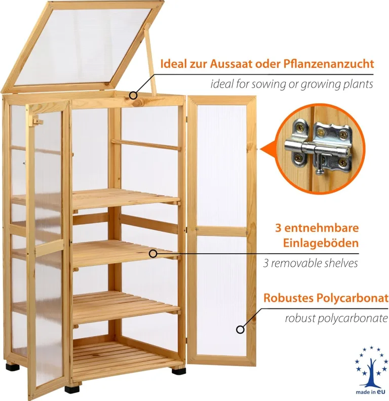 dobar® Großer Anzuchtschrank Dome aus Holz - Gewächshaus mit 4 Ablagen für Innen- und Außenbereich - Treibhaus mit Deckel und Türen - 56 x 52 x 116 cm - Natur – Bild 3