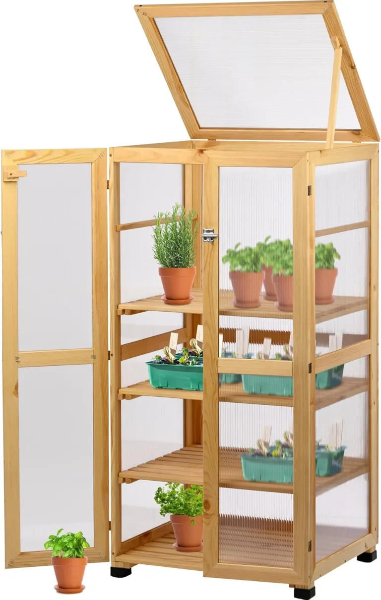 dobar® Großer Anzuchtschrank Dome aus Holz - Gewächshaus mit 4 Ablagen für Innen- und Außenbereich - Treibhaus mit Deckel und Türen - 56 x 52 x 116 cm - Natur – Bild 1