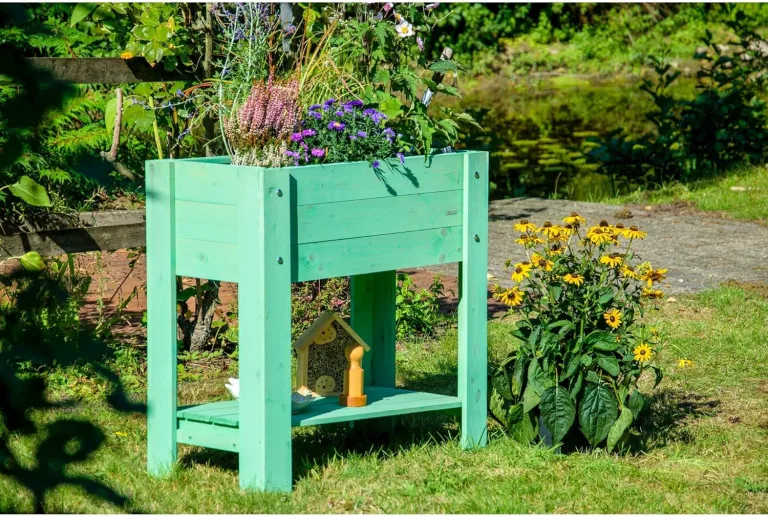 dobar® 58292FSCe Hochbeet Urban mit Ablagefläche |Erhöhtes Gemüsebeet | Salatbeet aus Massiv-Holz | Pflanzkasten für Balkon/Garten/Terrasse | 80 x 40 x 78 cm | Mintgrün – Bild 6
