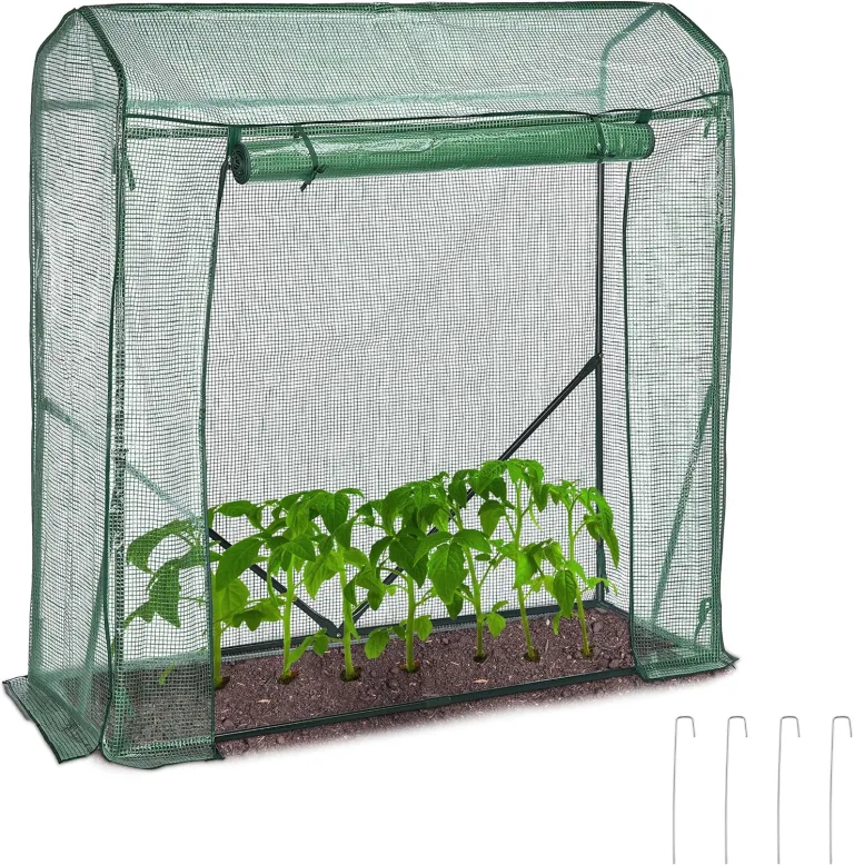 Relaxdays Tomaten Gewächshaus, HBT: 154 x 152 x 50 cm, Eisen & PE-Gitterfolie, stabiles Foliengewächshaus Garten, grün – Bild 1