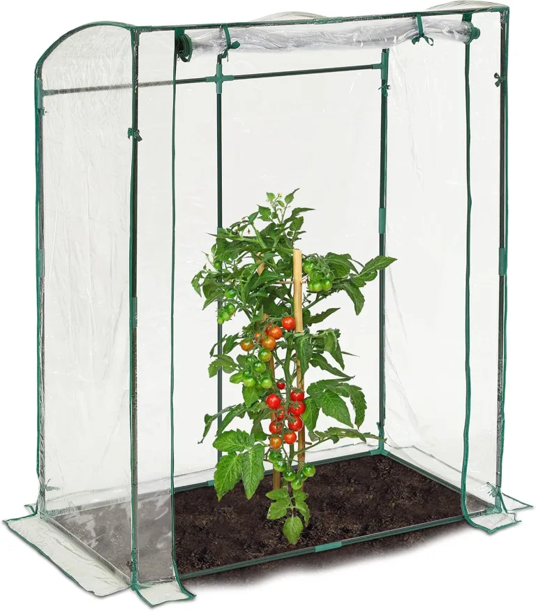 Relaxdays Tomatengewächshaus, PVC-Folie, HBT: 170 x 130 x 75 cm, begehbares Foliengewächshaus mit Tür, transparent/grün