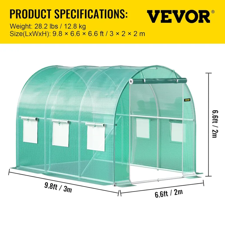 VEVOR Begehbares Tunnel-Gewächshaus, 3 x 2,1 x 2,1 m, tragbares Pflanzen-Heißhaus mit verzinkten Stahlrahmen, 1 Oberbalken, diagonale Stangen, Reißverschlusstür und 6 aufrollbaren Fenstern, grün – Bild 7