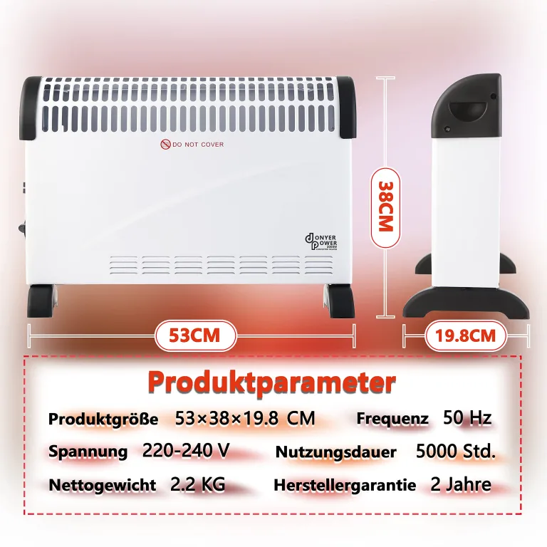 DONYER POWER 2KW Konvektor mit Thermostat – Leise – Wandmontage | 3 Heizstufen (750W/1250W/2000W) – Leiser Betrieb – Stand- & Wandmontage – Sofort einsatzbereit – Bild 6