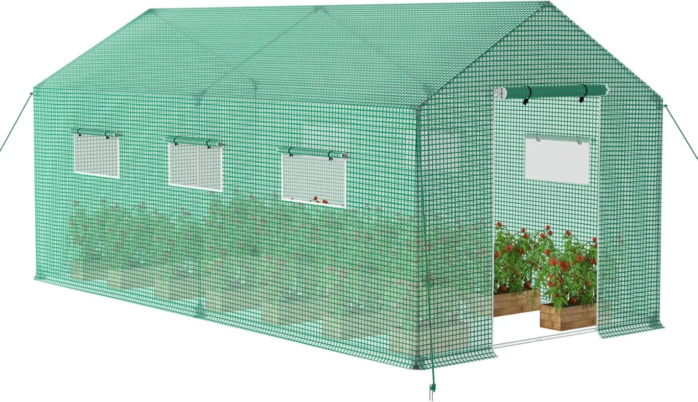 AufuN Foliengewächshaus Gewächshaus 4.5x2x2m für Tomaten, mit Gitternetzfolie und Fernster, Winterfest Folientunnel, Pflanzenhaus, Mehrweg,Schrägdach, Grün - Bild 1