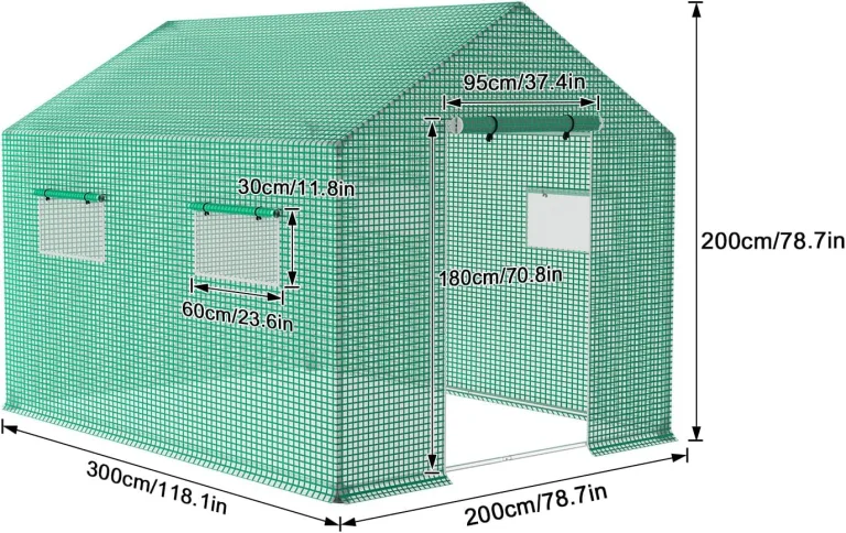 AufuN Gewächshaus Tomatengewächshaus 3x2x2m für Tomaten, mit Gitternetz und Fernster, Winterfest Treibhaus, Pflanzenhaus, Mehrweg,Schrägdach, Grün – Bild 2