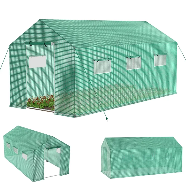 UISEBRT Gewächshaus Foliengewächshaus Winterfest mit Stahlfundament Fenster Erdanker Tomatenhaus Folienzelt Folientunnel für Garten, Grün, 4.5x2x2m – Bild 1