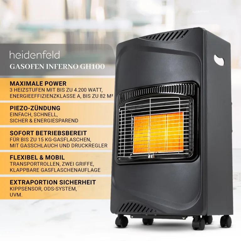 Heidenfeld Gasheizung Inferno GH100 | ???? ???????????????????? ???????????????????????????????? - 4200 Watt - Heizstrahler - Gasheizung für Innenräume - Gasofen - Gasheizer - Gasflaschen bis 15 Kg - Gasschlauch (Schwarz) – Bild 2