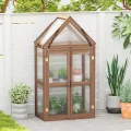 COSTWAY Frühbeet Mini Gewächshaus, 3-stöckiges Pflanzenbeet mit aufklappbarem Dach, Anzuchthaus mit 2 Türen, Treibhaus aus Holz & Polycarbonat, Aufzuchtschrank für Balkon Garten, Braun, 71x41x145cm - Thumbnail 2