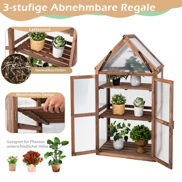 RELAX4LIFE 3 Etagen Hochbeet, Gewächshaus mit 3 Ablagen, Frühbeet aus Tannenholz & Polycarbonat, Pflanzenhaus für Garten Balkon Terrasse, 70,5 x 41 x 133,5 cm – Bild 4