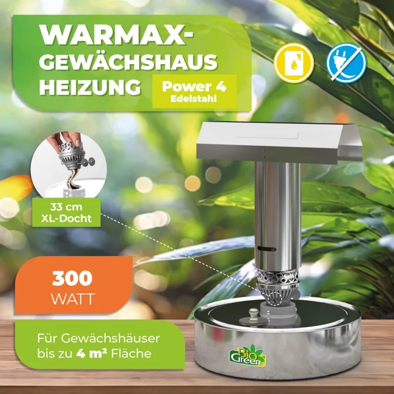 Bio Green Paraffin-Gewächshaus-Heizung WARMAX Power 5 aus Edelstahl | max. 300 Watt | für Gewächshäuser bis 4 m² | max. 7 Tage Brenndauer/Füllung – Bild 3