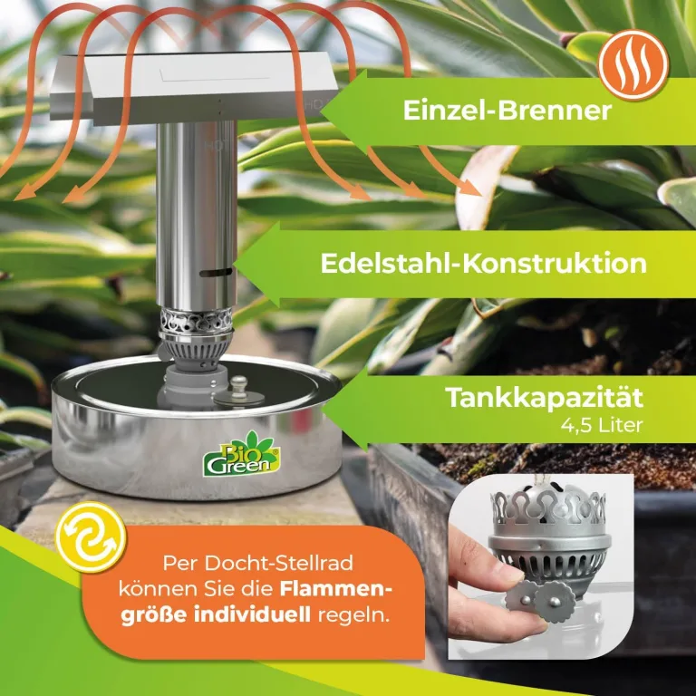 Bio Green Paraffin-Gewächshaus-Heizung WARMAX Power 5 aus Edelstahl | max. 300 Watt | für Gewächshäuser bis 4 m² | max. 7 Tage Brenndauer/Füllung – Bild 4
