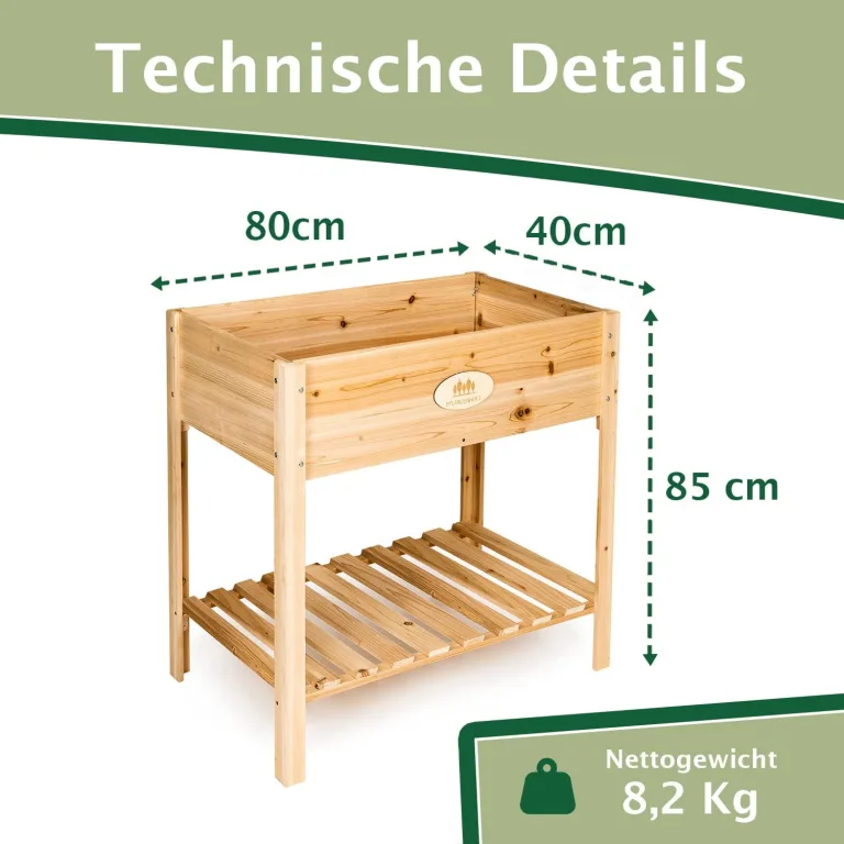 Hochbeet für Balkon und Garten aus Zedernholz, hochwertiger Pflanzkasten mit Ablage, ideal einsetzbar als Anzuchtbeet oder Kräuterbeet, Maße 80x40x85 cm (Typ: HB002) – Bild 6