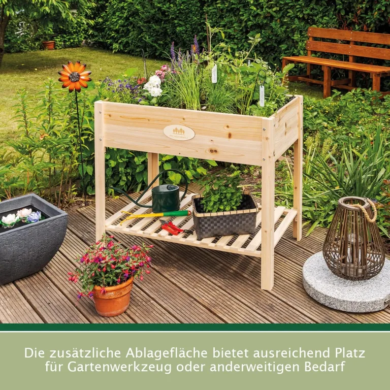 Hochbeet für Balkon und Garten aus Zedernholz, hochwertiger Pflanzkasten mit Ablage, ideal einsetzbar als Anzuchtbeet oder Kräuterbeet, Maße 80x40x85 cm (Typ: HB002) – Bild 3