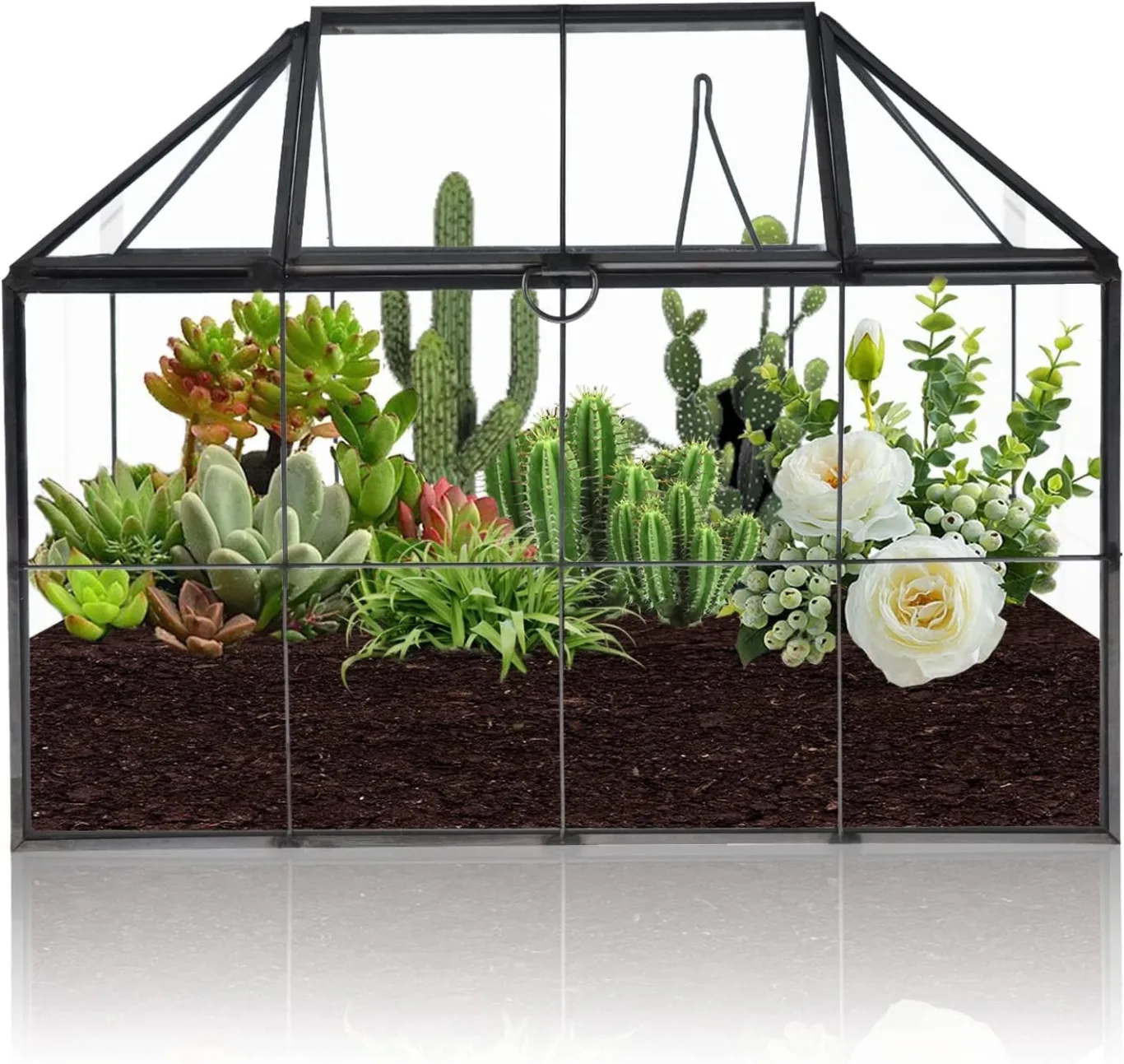 Homtone 23 cm Großer Geometrischer Terrarium-Pflanzgefäß, Hausform, Schwarz, Handgefertigte Glasbox, Vintage-Tischplatte, Miniatur-Blumentopf für Sukkulenten, Kakteen (Schwarz) - Bild 1