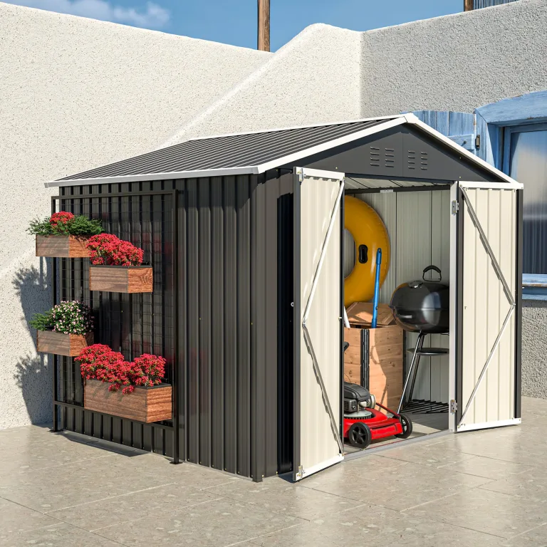Thanaddo Gerätehaus Metall Groß Geräteschuppen 240x192x191 cm mit Fundamentrahmen, Wetterfest Gartenhaus mit Belüftungslöcher, Abschließbar, Gartenschuppen für Outdoor Garten Hinterhof, Schwarz – Bild 2