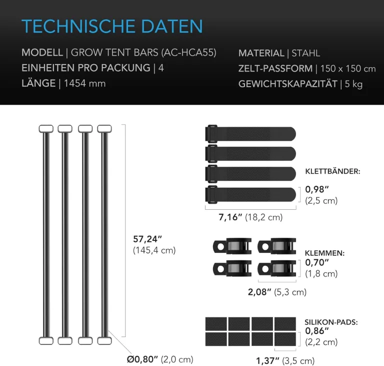 AC Infinity Schwerlast-Grow-Zelt-Montagestangen 150x150 cm, High Airflow CFM Kit Verhindert Einziehen der Wände, Trellis- und Zusatzbeleuchtungs-Montage für alle 150x150 cm Indoor-Grow-Zelte – Bild 6