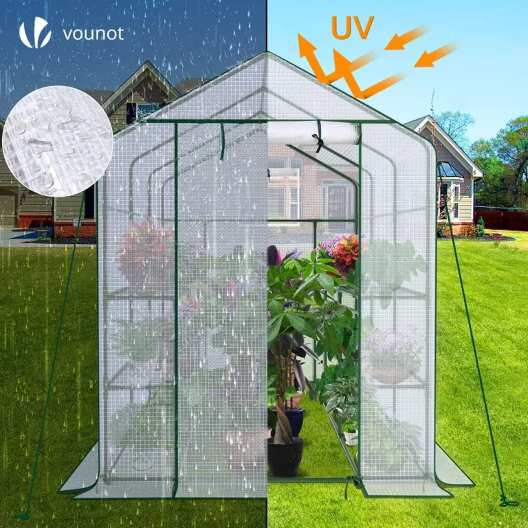 VOUNOT® Gewächshaus Foliengewächshaus, begehbares Gartenhäuschen mit 12 Regalebenen, Tomatenhaus Tomatengewächshaus, Weiß 143x215x195cm – Bild 5