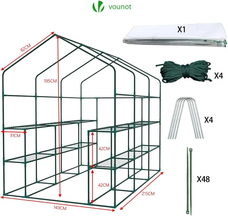 VOUNOT® Gewächshaus Foliengewächshaus, begehbares Gartenhäuschen mit 12 Regalebenen, Tomatenhaus Tomatengewächshaus, Weiß 143x215x195cm – Bild 7