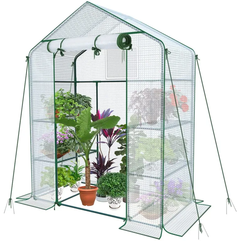 VOUNOT® Gewächshaus Foliengewächshaus, begehbares Gartenhäuschen mit 4 Regalebenen, Tomatenhaus Tomatengewächshaus, Weiß 143x73x195cm – Bild 1