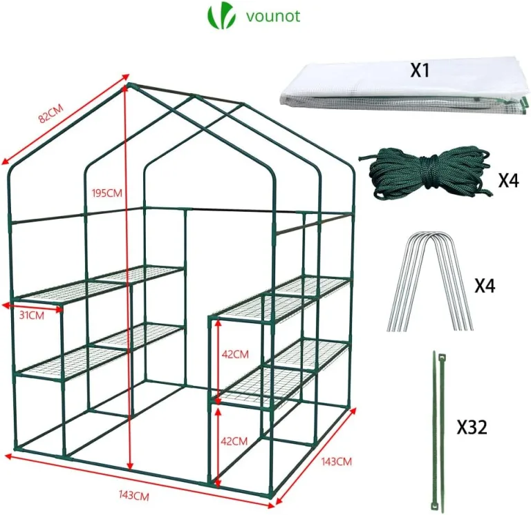 VOUNOT® Gewächshaus Foliengewächshaus, begehbares Gartenhäuschen mit 8 Regalebenen, Tomatenhaus Tomatengewächshaus, Weiß 143x143x195cm – Bild 7