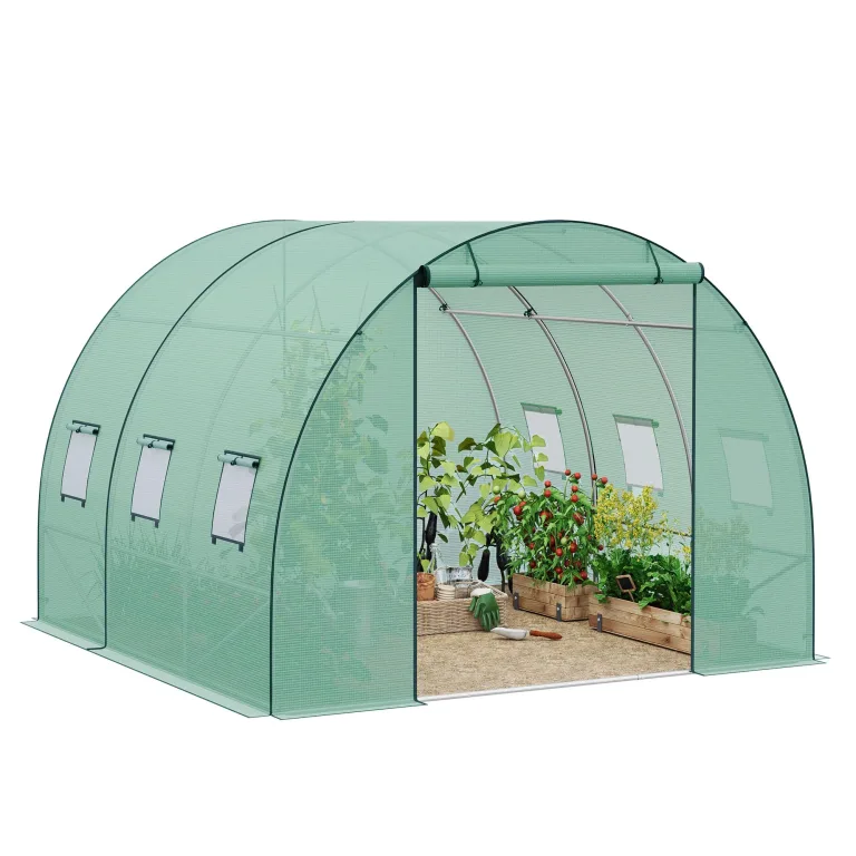 WOLTU Gewächshaus, Foliengewächshaus für Aufzucht Tomaten, Tomatenhaus Winterfest mit Tür 6 Fenstern, aus Stahlrohr PE, 200 x 200 x 300 cm, Grün – Bild 9