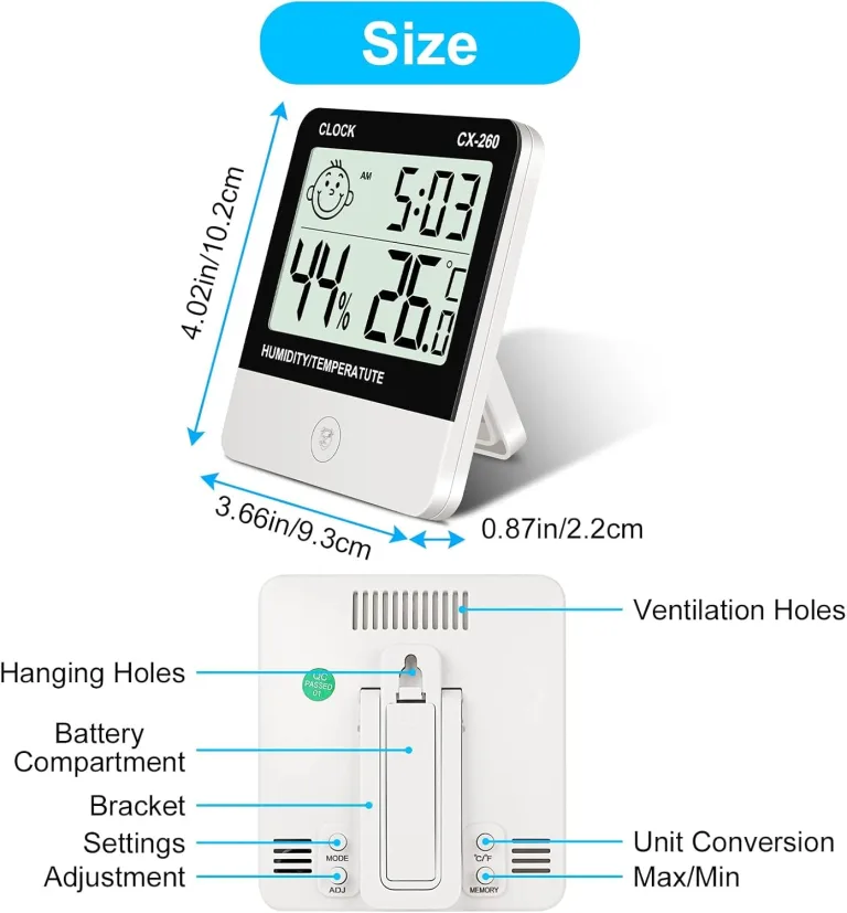 Flintronic Thermometer Hygrometer Innen, Mini LCD Anzeige Von Zeit Temperatur, Luftfeuchtigkeitsmesser mit Raumklima-Indikator für Innenbereich, Zuhause,Büro, Schule, Hotel und Gewächshaus(9 X 10 CM) – Bild 4