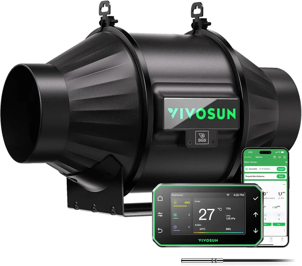 VIVOSUN Smart Rohrventilator 100mm AeroZesh T4 PRO Abluftventilator 357m³/h mit GrowHub E42A+, VPD-Regler, WiFi/App-Fernsteuerung, Ventilator Growbox Rohrlüfter für Growzelte Gewächshäuser