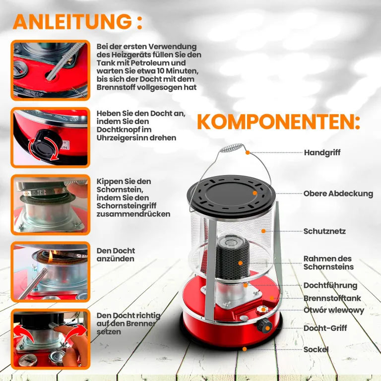 Extralink Aladdin, Tragbare Petroleumofen, Tankinhalt 4,6L, Heizleistung 2600W, Hält bis zu 18 Stunden lang warm, Petroleumheizung kann als Campingkocher verwendet werden, Zelt Heizung – Bild 5